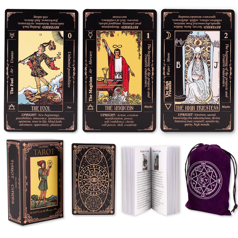 Classic Tarot Cards with Meanings on Them, Durable Tarot Cards with Guide Book for Beginners (Black)