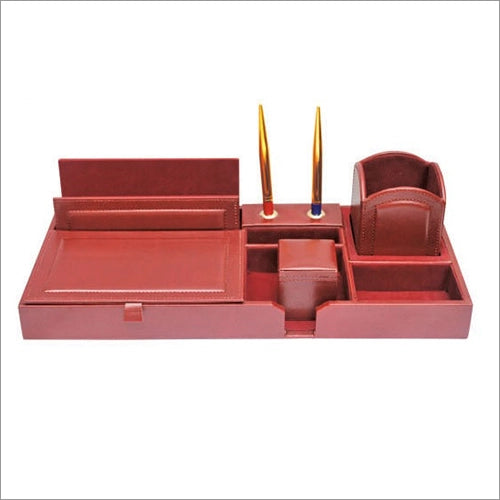 Brown Leather Multipurpose Desk Organizer, Pen Stand With Mobile Holder, Memo Pad Desk Organizer